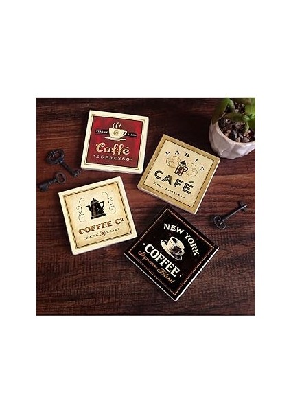 Pinecone Stone Kahve Taş Bardak Altlığı Seti - 4 Parça - Dekoratif, Rustik Mutfak Aksesuarı, 10X10