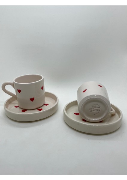 Kalp Desenli El Yapımı Seramik 2'li Türk Kahvesi Fincan Takımı fırsatları