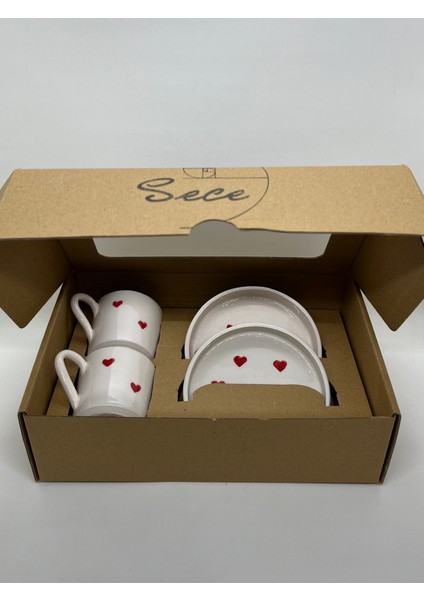 Kalp Desenli El Yapımı Seramik 2'li Türk Kahvesi Fincan Takımı