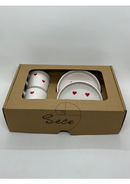 Kalp Desenli El Yapımı Seramik 2'li Türk Kahvesi Fincan Takımı