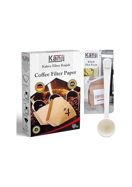 Kanji Kahve Filtre Kağıdı No:4 (1x4) 80'li + Klipsli Çay Kahve Ölçü Kaşığı | Beyaz Demleme Seti | A