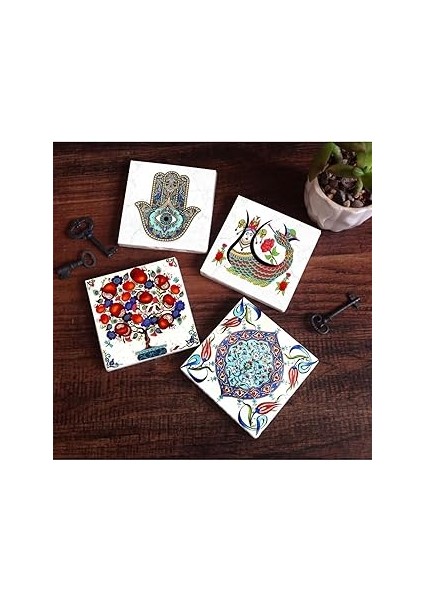 Pinecone Stone Şahmeran, Çini Sanatı, Nar Ağacı, Fatma Ana Eli (Hamsa) Taş Bardak Altlığı Seti - 4