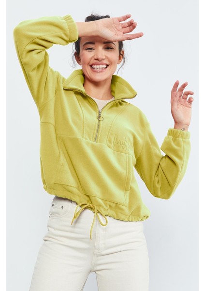 Limon Yarım Fermuar Etek Ucu Büzgülü Kadın Polar Oversize Sweatshirt - 97171