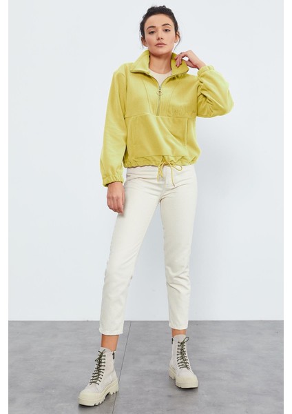 Limon Yarım Fermuar Etek Ucu Büzgülü Kadın Polar Oversize Sweatshirt - 97171
