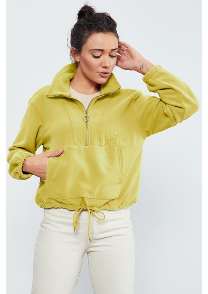 Limon Yarım Fermuar Etek Ucu Büzgülü Kadın Polar Oversize Sweatshirt - 97171