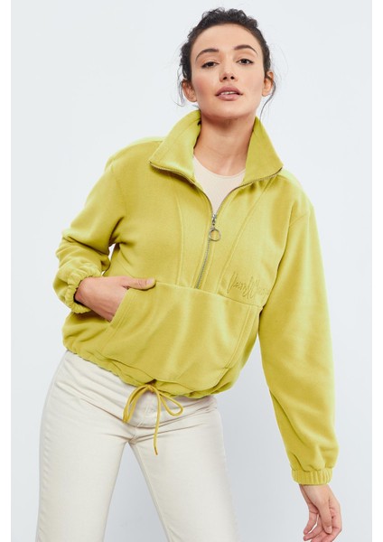 Limon Yarım Fermuar Etek Ucu Büzgülü Kadın Polar Oversize Sweatshirt - 97171