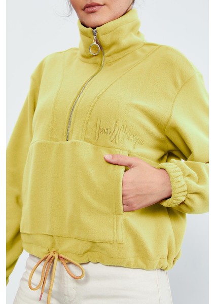 Limon Yarım Fermuar Etek Ucu Büzgülü Kadın Polar Oversize Sweatshirt - 97171