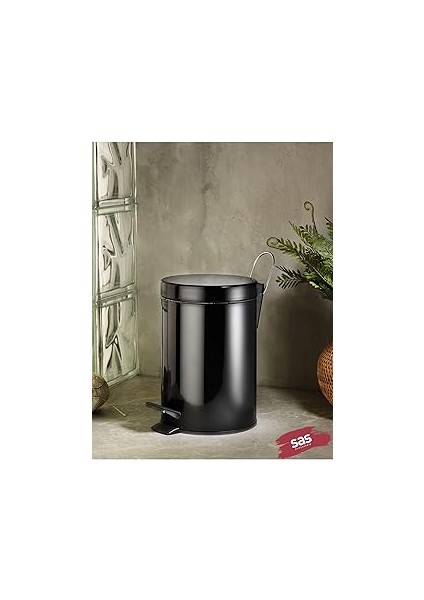 Sas Haus Banyo Tuvalet Balkon Mutfak, Siyah Renkli Pedallı Metal Çöp Kovası 5 Litre