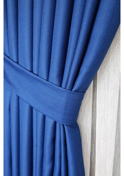 Keten Fon Perde, Lacivert, Pano Fon, Sık Pile, Kuşaklı, Düz Renk, Tek Kanat