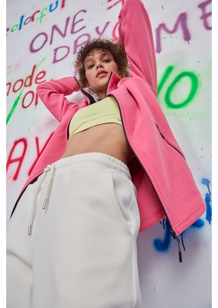 Fuşya Dik Yaka Fermuarlı Rahat Form Kadın Polar Sweatshirt - 97173