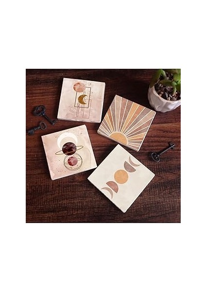 Pinecone Stone Minimalist Soyut Taş Bardak Altlığı Seti - 4 Parça - Dekoratif, Rustik Mutfak Aksesu