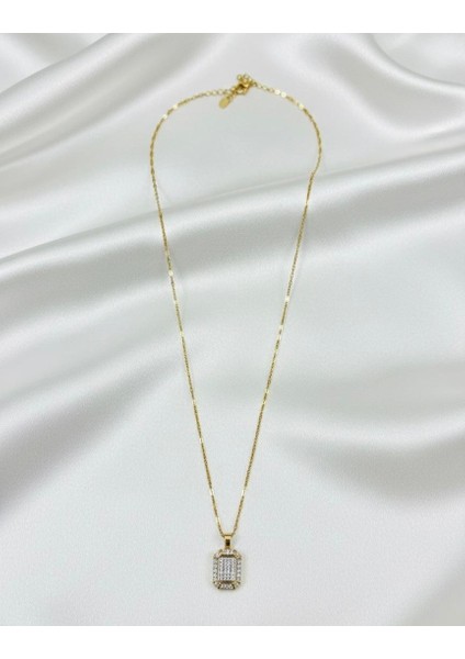 Baget Taşlı 14K Altın Kaplama Çelik Kolye