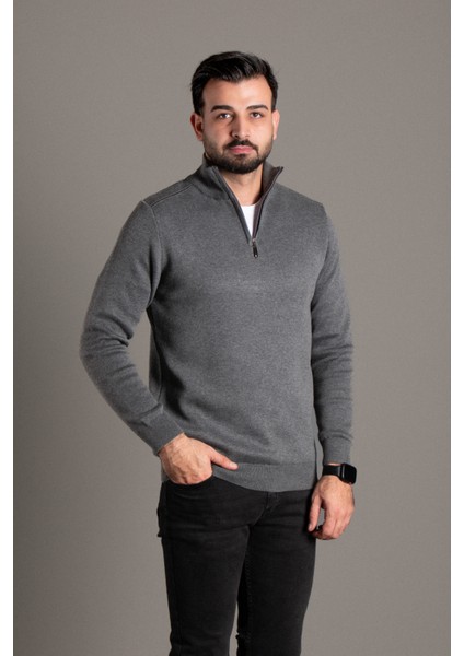 Erkek Antrasit Fermuarlı Dik Yaka Triko