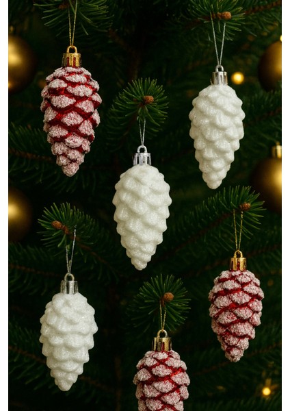 6 Adet Yılbaşı Kozalak Süsü Seti, 8 Cm, Beyaz ve Kırmızı, Kar Efektli, Çam Ağacı Süsü