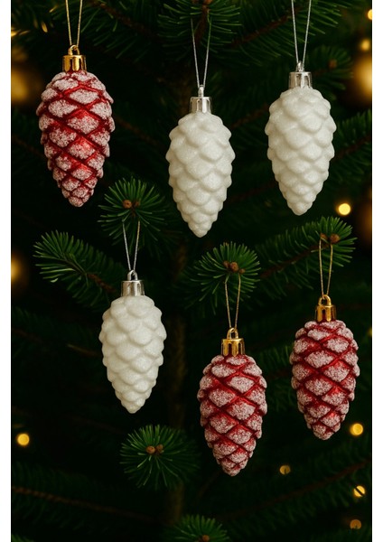 6 Adet Yılbaşı Kozalak Süsü Seti, 8 Cm, Beyaz ve Kırmızı, Kar Efektli, Çam Ağacı Süsü fiyatları