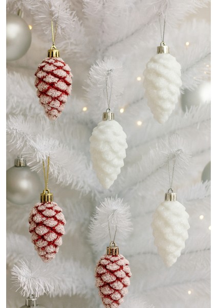 6 Adet Yılbaşı Kozalak Süsü Seti, 8 Cm, Beyaz ve Kırmızı, Kar Efektli, Çam Ağacı Süsü modelleri