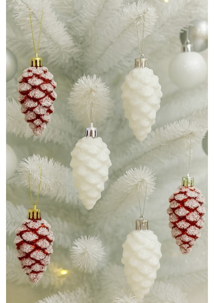 6 Adet Yılbaşı Kozalak Süsü Seti, 8 Cm, Beyaz ve Kırmızı, Kar Efektli, Çam Ağacı Süsü fırsatları