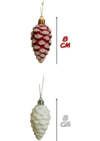 6 Adet Yılbaşı Kozalak Süsü Seti, 8 Cm, Beyaz ve Kırmızı, Kar Efektli, Çam Ağacı Süsü indirimleri