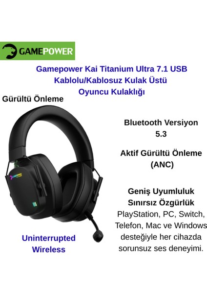 Kai Titanium Ultra 7.1 USB Kablolu/kablosuz Kulak Üstü Oyuncu Kulaklığı