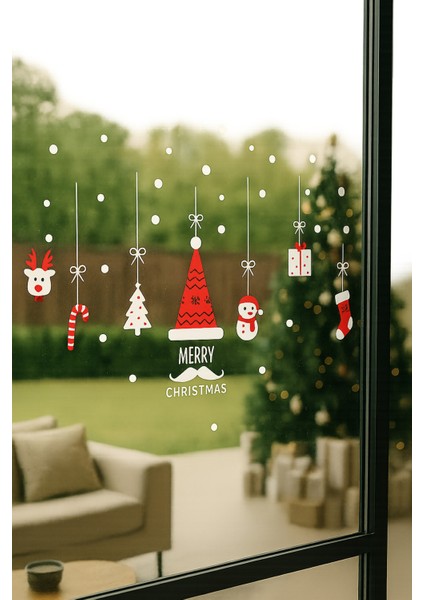 Renkli Şapkalı Çoraplı Yılbaşı Elektrostatik Dekoratif Sticker, Tekrar Kullanılabilir