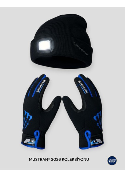 Şarjlı USB Led Bere Seti +Tactical Eldiveni Motorcu Koşucu Usta Kafa Bandı Hediyeli Type-C