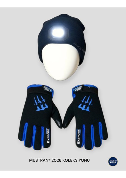 Şarjlı USB Led Bere Seti +Tactical Eldiveni Motorcu Koşucu Usta Kafa Bandı Hediyeli Type-C