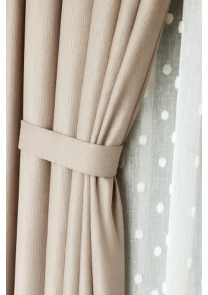 Keten Fon Perde, Bej, Pano Fon, Sık Pile, Kuşaklı, Düz Renk, Tek Kanat