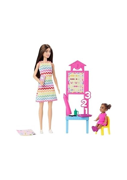 Kariyer Oyun Setleri - Öğretmen Bebek Öğretmen Barbie, Kahverengi Saçlı Bebek, 1 Çocuk Figür