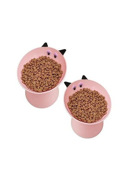 Mta High-Tech 2’li Kedi Figürlü Mama ve Su Kabı – Pembe, Eğimli Tasarım, Boyun Dostu, Dökülme Önley