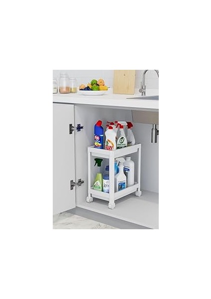 Mithra Life 2 Katlı Tekerlekli Tezgah Altı Beyaz Banyo Mutfak Rafı MIT1119