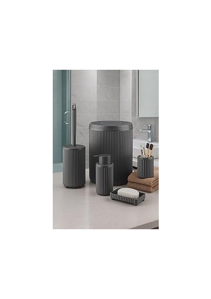 Sas Haus Lines Serisi Gri Banyo Seti, 5 Parça Lüks Akrilik Çöp Kovası, Fırça, Sabunluk Banyo Aksesu