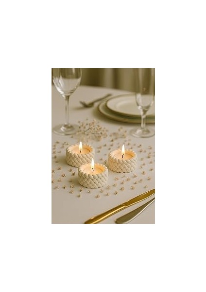 Örgü Desenli 3’lü El Yapımı Mumluk Seti – Tealight Uyumlu & Doğal Dekoratif Aksesuar + Teali