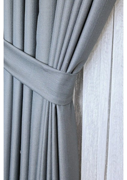 Keten Fon Perde, Gri, Pano Fon, Sık Pile, Kuşaklı, Düz Renk, Tek Kanat