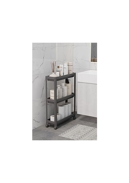 Mithra Life 3 Katlı Tekerlekli Slim Ince Siyah Banyo Mutfak Rafı MIT1126