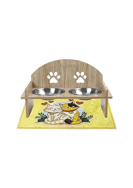 Gobypet Ahşap ve Metal Çift Hazneli Kedi Mama ve Su Kabı ile Paspas - Köpek Için De Uygun (Oval)