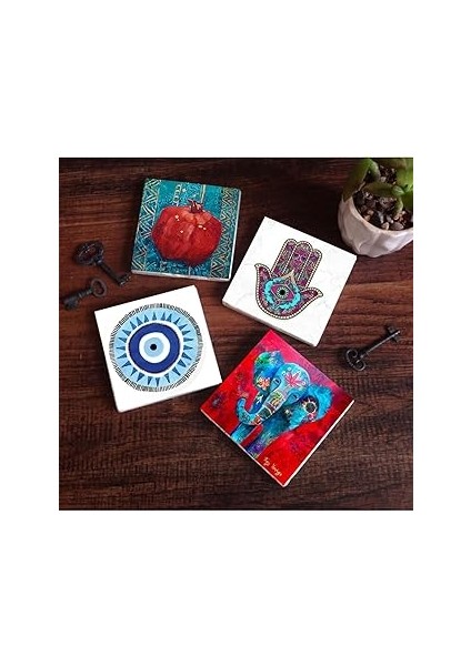 Pinecone Stone Nazar, Fil, Fatma Ana Eli (Hamsa), Nar Taş Bardak Altlığı Seti - 4 Parça - Dekoratif