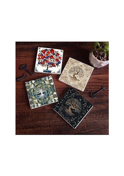 Pinecone Stone Hayat Ağacı, Nar Ağacı Taş Bardak Altlığı Seti - 4 Parça - Dekoratif, Rustik Mutfak