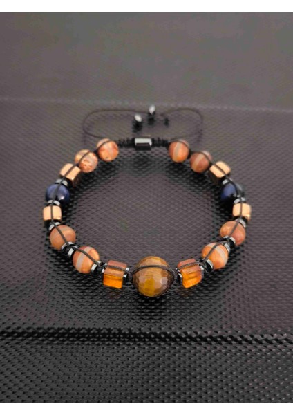 Tibet Akiği-Kaplangözü-Damla Kehribar-Hematit-Mavi Kaplangözü Doğaltaş Bileklik Takı Aksesuar Erkek Bileklik