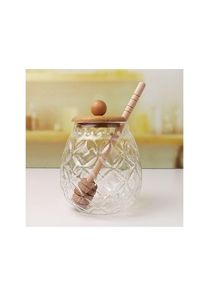 Deconox Bambu Kapaklı Cam Bal Kavanozu – 350ML | Kaşıklı & Şık Sunum Kavanozu | Doğal Ahşap Kapaklı