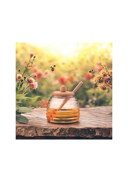 Deconox Bambu Kapaklı Cam Bal Kavanozu – 420ML | Kaşıklı & Şık Sunum Kavanozu | Doğal Ahşap Kapaklı