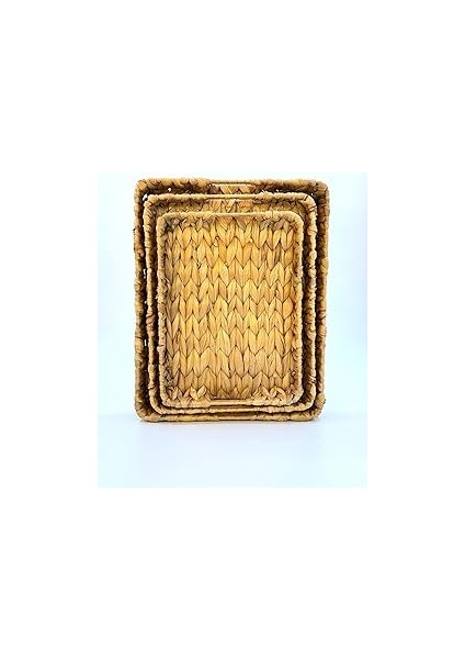 Auracane 3'lü Hasır Tepsi Seti – Sunumluk ve Dekoratif Hasır Tepsi, Doğal Hasır El Örgüsü Tepsi, Mu