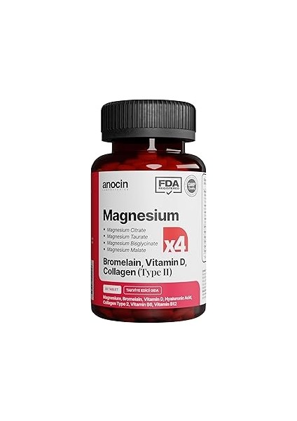 Anocin Magnezyum X4 Complex Ci̇trate, Taurate, Bi̇sglyci̇nate, Malate + Bromelai̇n + Kolajen+ H.asi̇t+D+