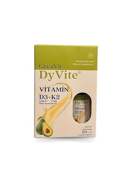 Creavit Dyvite Vitamin D3K2, Avokado Yağlı, Limon Aromalı Takviye Edici Gıda, 20 ml