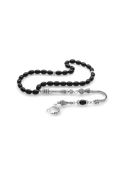 (Tesbihane) Kararmaz Metal Ayyıldız Püsküllü Arpa Kesim Oniks Doğaltaş Tesbih