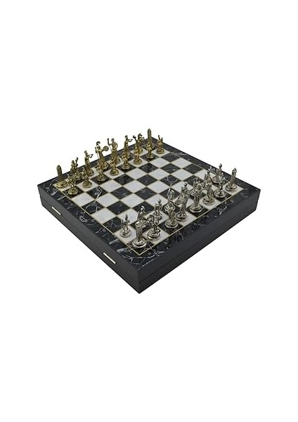 Gifthome Orta Boy Metal Yunan Satranç Takımı Parlak ve Mermer Desenli Sandıklı Mdf Tahtası (36X36X6