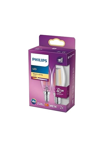 LED 40W B35 LED Mum Filament Ampul, 2700K Beyaz Işık, E14 Ince Duy, Dim Edilmez, 2'