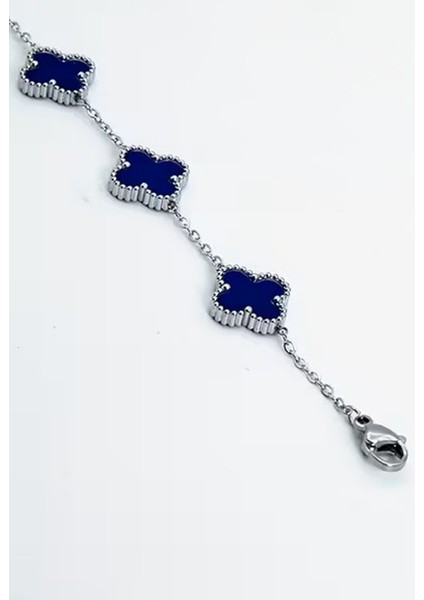 Çelik Bileklik Dört Yapraklı Büyük Yonca Lacivert Sedef Taşlı Uzunluk 18 cm Gümüş modelleri