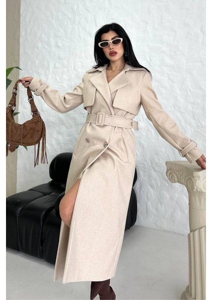 Kadın Kaban Uzun Kaşe Kuşaklı Düğmeli Cepli Kruvaze Premium Kaban