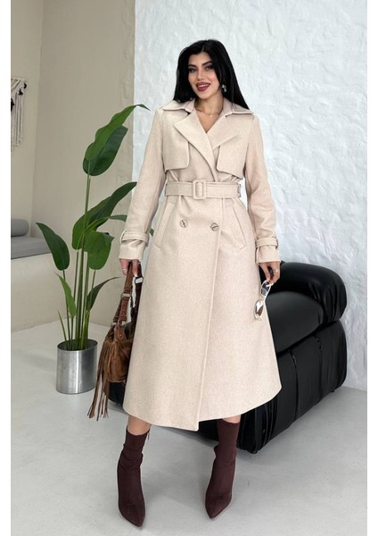 Kadın Kaban Uzun Kaşe Kuşaklı Düğmeli Cepli Kruvaze Premium Kaban fiyatları