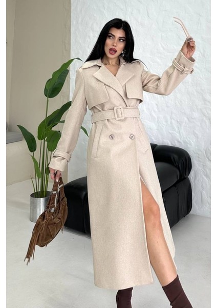 Kadın Kaban Uzun Kaşe Kuşaklı Düğmeli Cepli Kruvaze Premium Kaban modelleri